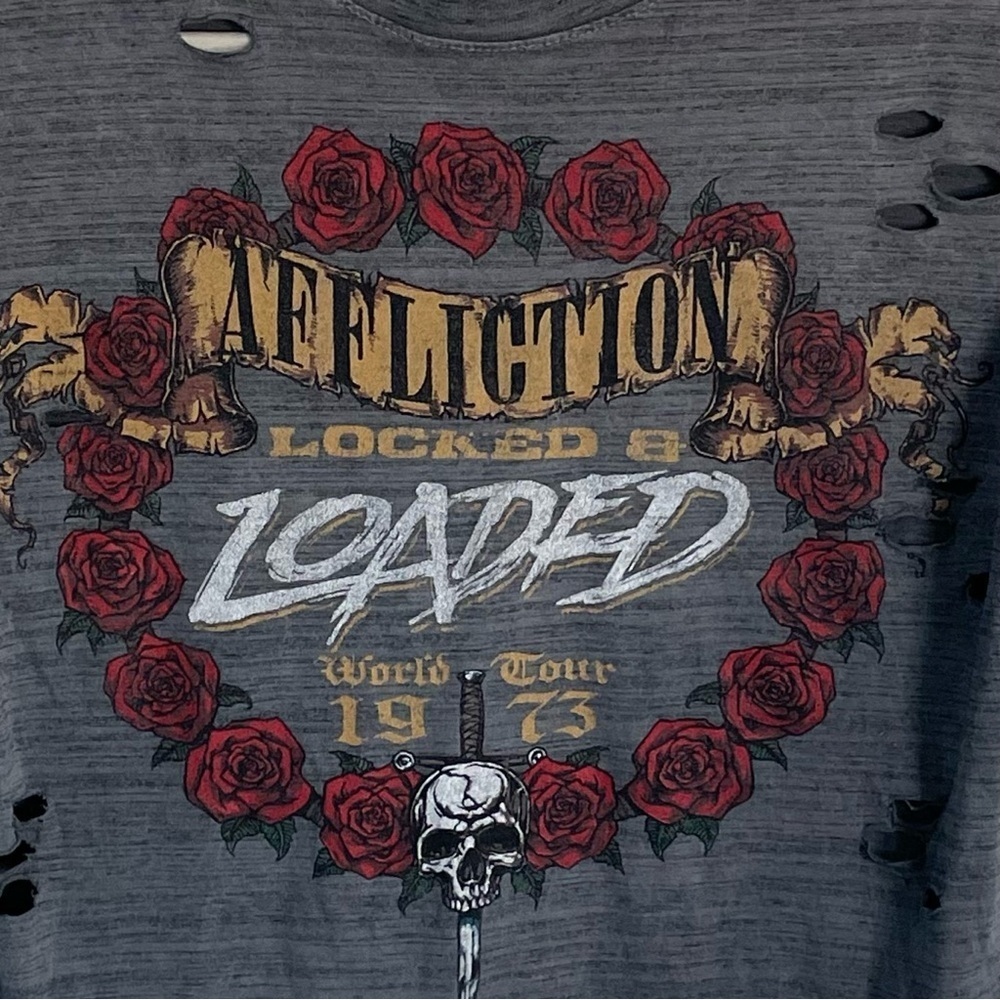 Affliction Locked And Loaded Distressed Gray T-Shirt Tee Skulls 35427 View 4